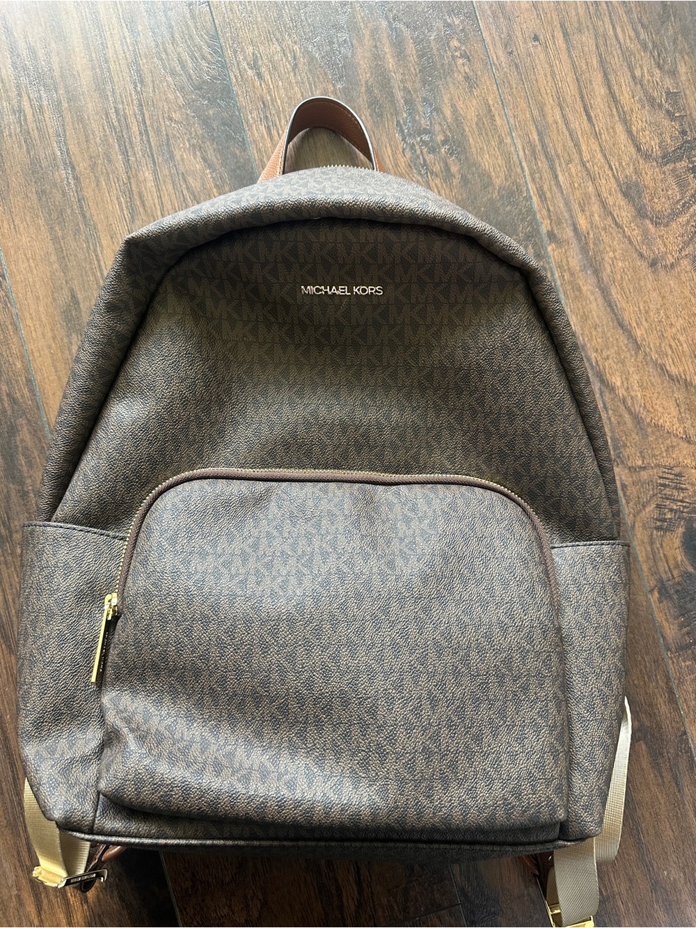 Michael Kors Dark Brown Monogram Backpack with Gold Accents - Picture 1 of 4